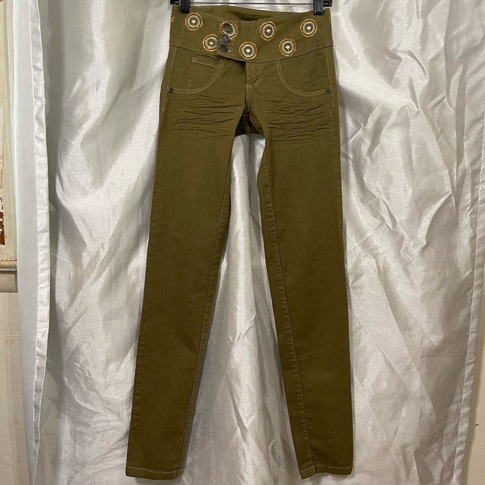 y2k Ultra Low Rise Green & Gold Rhinestone Embroidered Skinny Jeans
